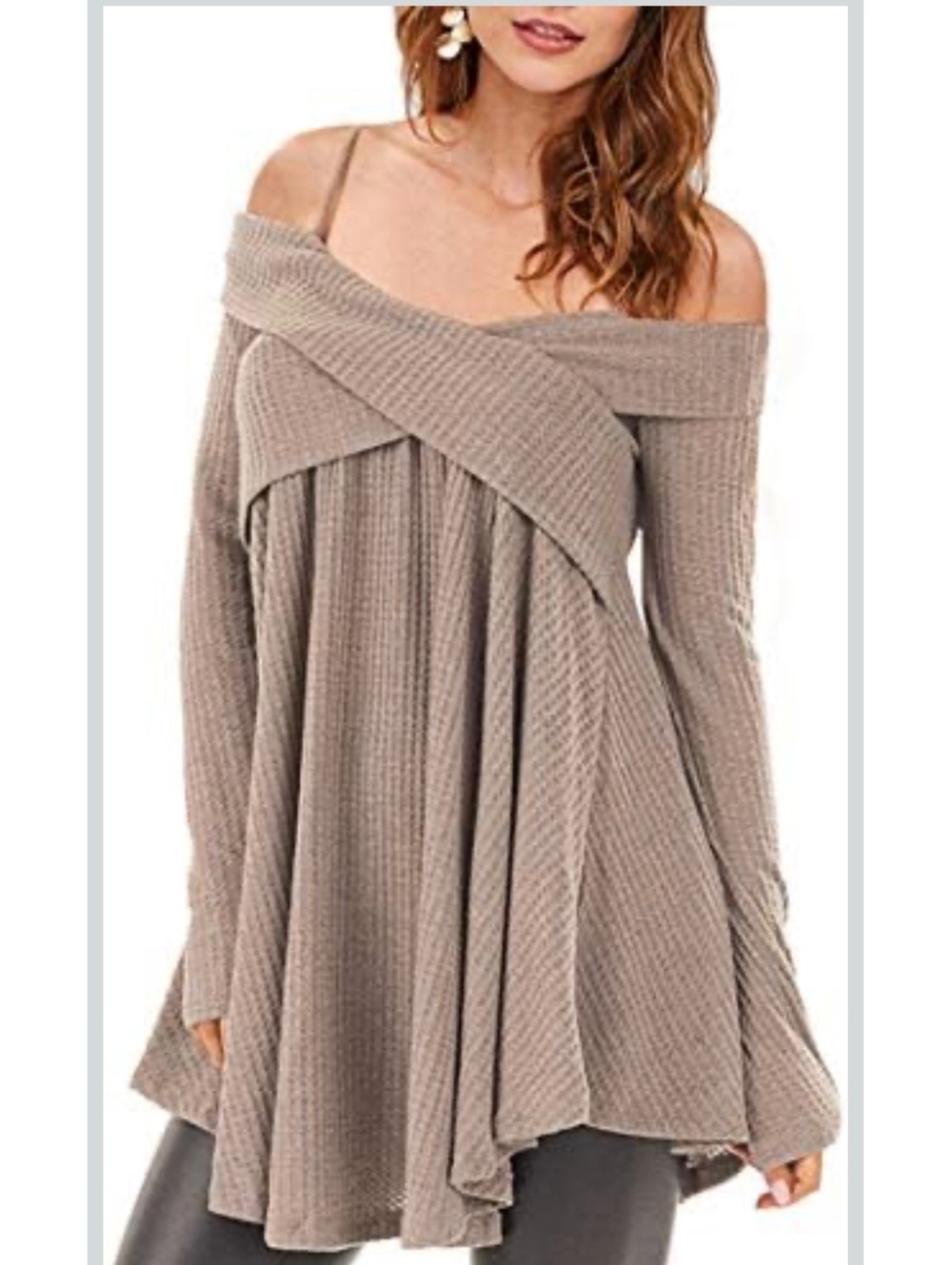 Women's Taupe Off-Shoulder Long Sleeve Waffle Knit Tunic Top with Spaghetti Strp
